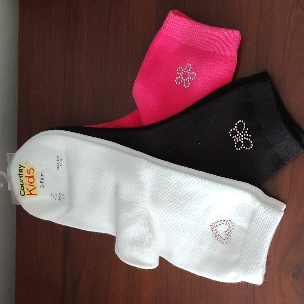 Country Kids 3 Pack Socks with Gem Design, Dark Pink, Black, and White